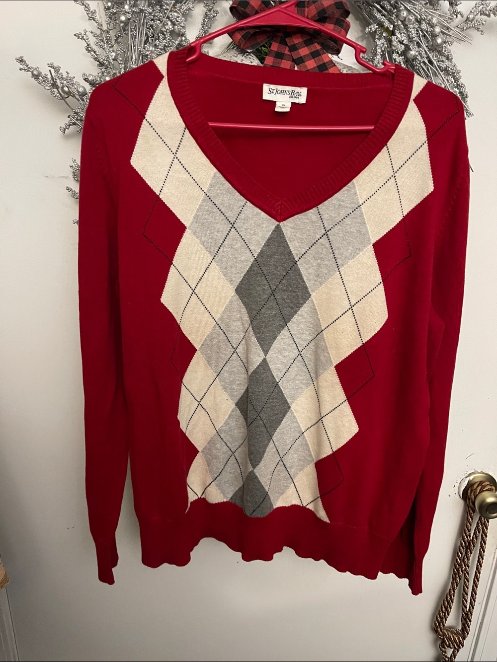 St. John's Bay Red Argyle V-Neck Sweater with Cream and Gray Diamonds